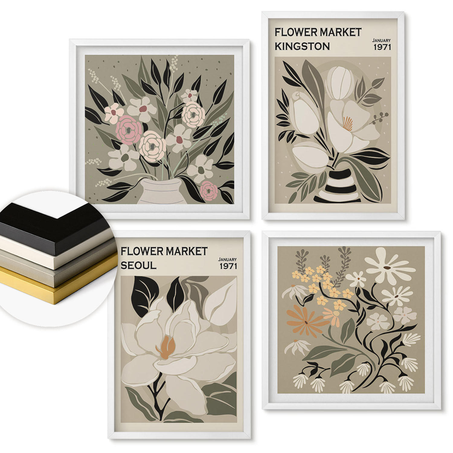 WANDBILDER 4er-Set - 50x50 cm & 40x60 cm Weißer Rahmen - Retro-Blumen aus Städten rund um die Welt - Weiß, Kunststoff (50/50cm) - ArtPrintCave