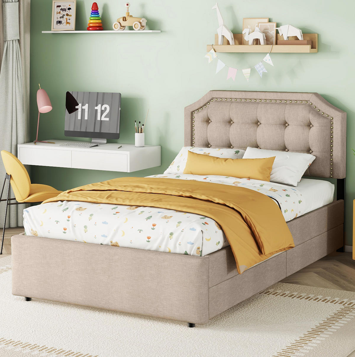 POLSTERBETT 90/200 cm in Dunkelbeige mit 2 Schubladen und verstellbarem Kopfteil - Beige, Textil (90/200cm) - Flora Grace