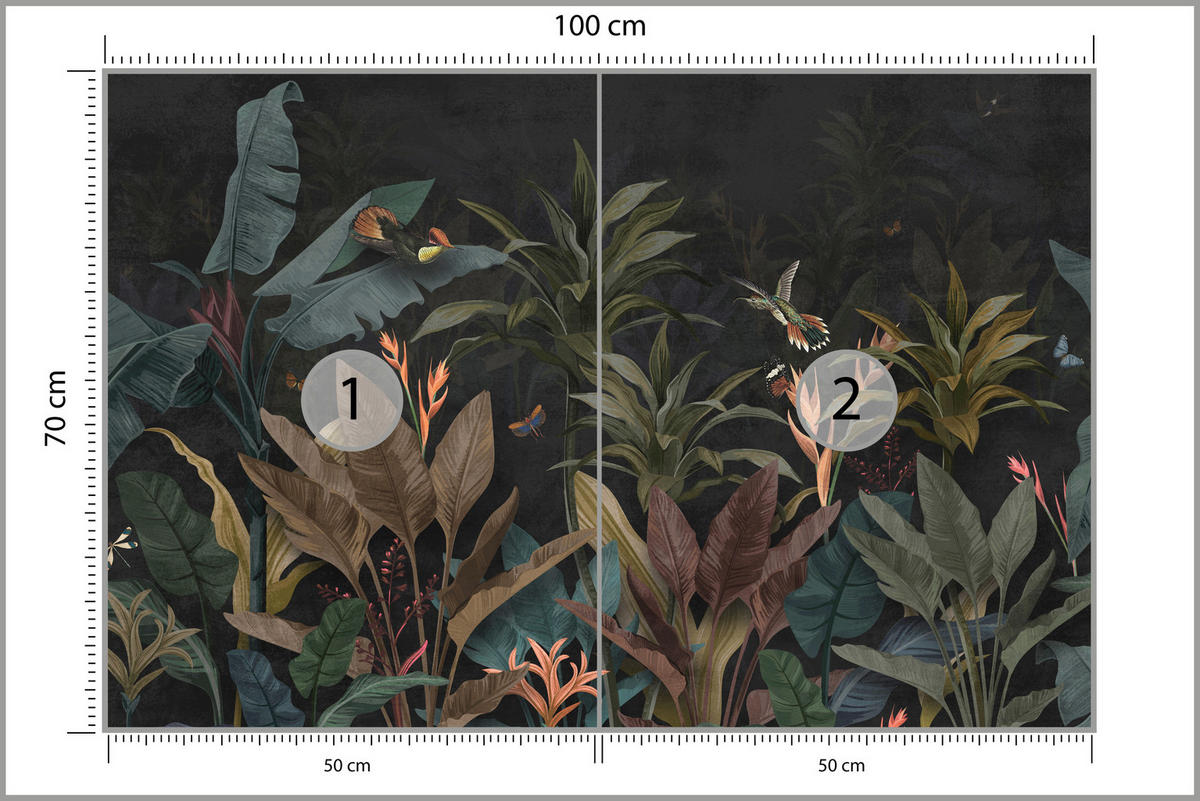 FOTOTAPETE Exotische Palmenblätter Dunkler Hintergrund Insekten Tropisch 100x70 - Orange/Braun, Papier (100/70cm) - Muralo