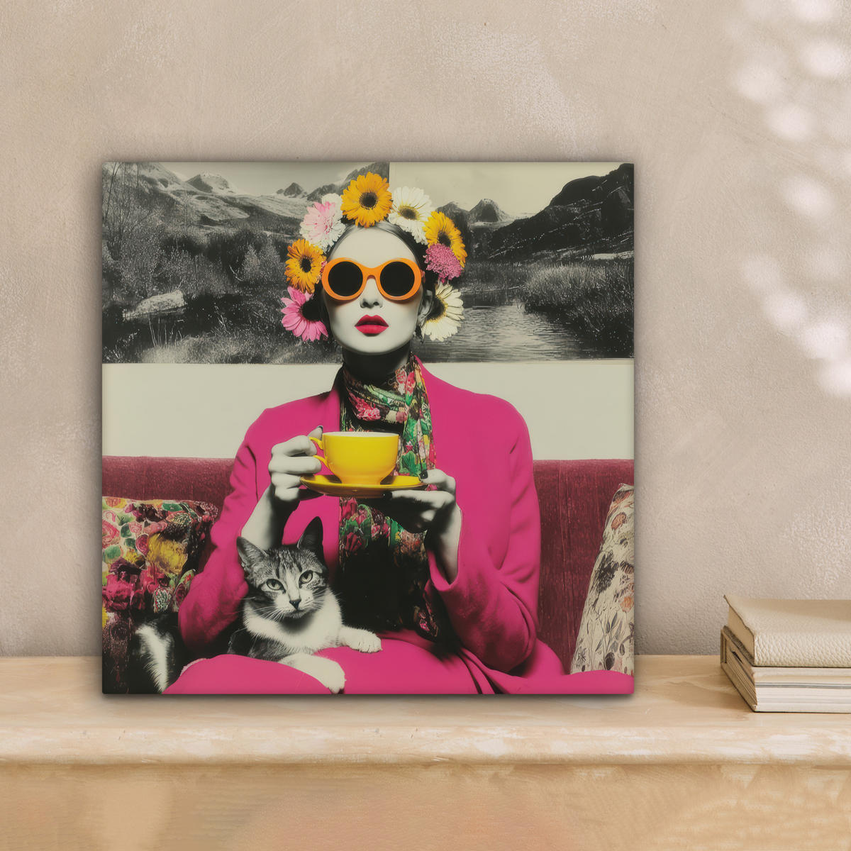 LEINWANDBILD Frau - Katze - Blumen - Tasse - Retro Deko Wohnzimmer 20x20 cm - Magenta, Textil (20/20cm) - MuchoWow