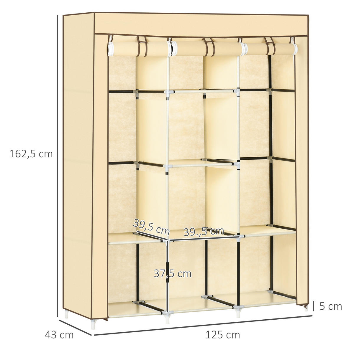 KLEIDERSCHRANK 125/43/162,5 cm aus Stoff in Beige mit 8 Fächern und 2 Kleiderstangen - Beige, Metall (125/162.5/43cm) - BEAOK