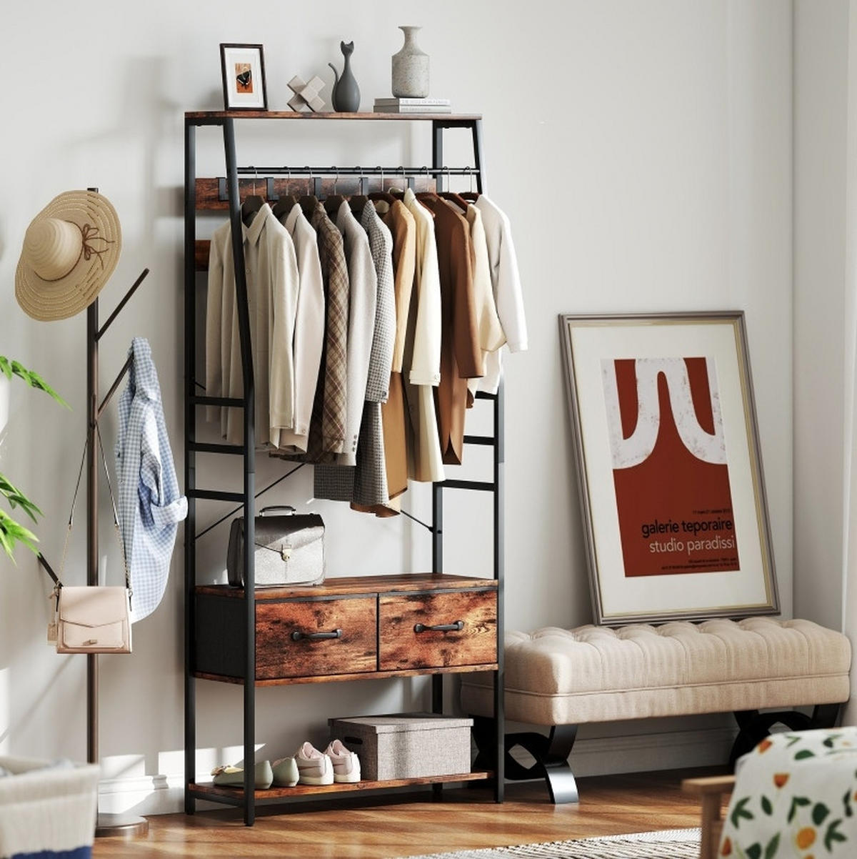 GARDEROBE mit Schuhbank 80 x 30 x 180 cm Holzoptik Braun 2 Stoffschubladen - Braun, Holzwerkstoff (30/180/80cm) - Beauniv