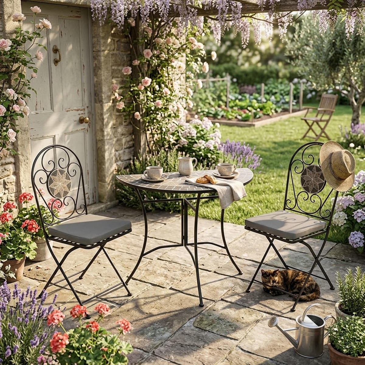 BISTROSET Derby - Gartenset 3-teilig (2x Klappstuhl, 1x Wandtisch 90x45cm halbrund) aus schwarz pulverbeschichtetem Eisen - Grau, Metall - TPFGarden