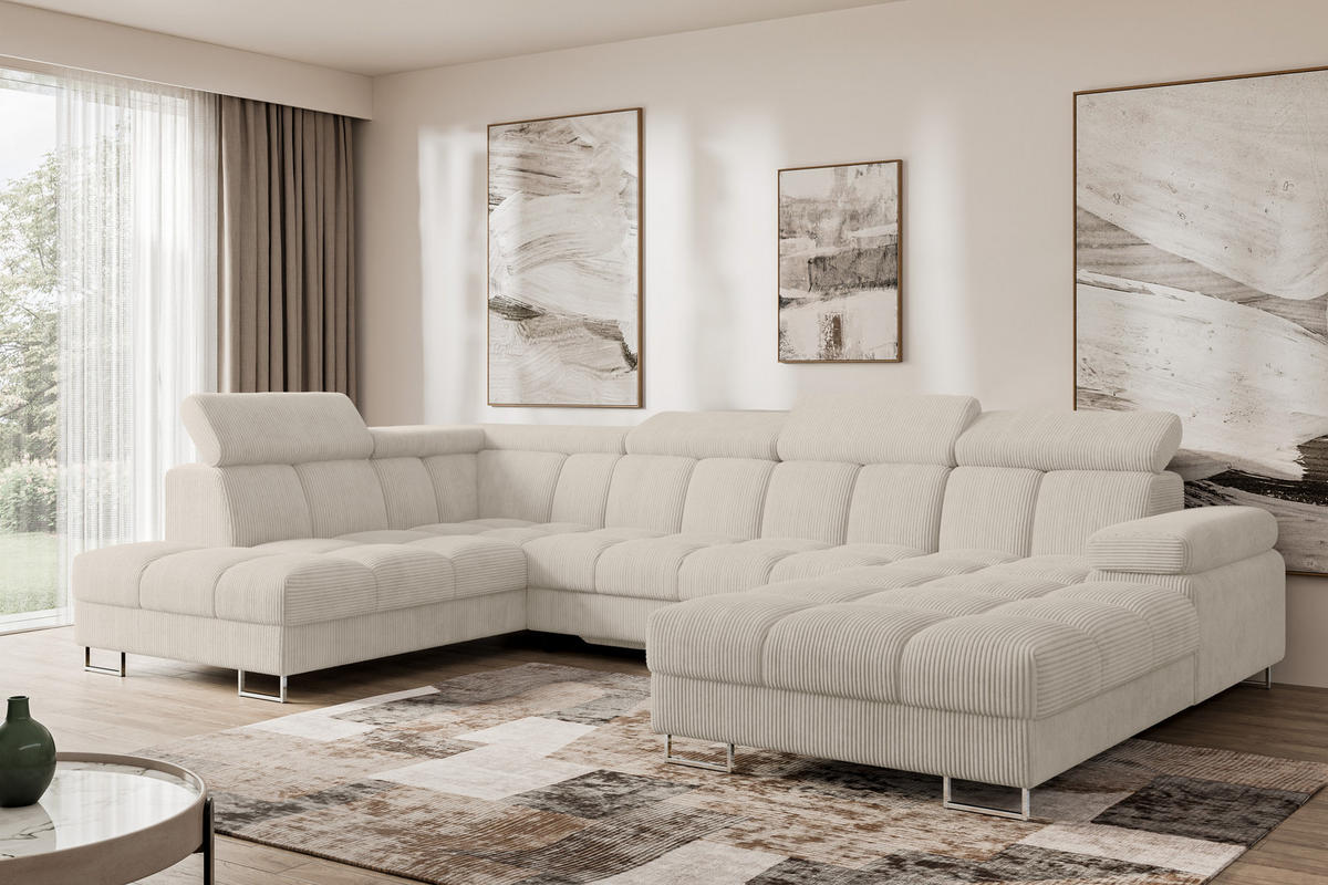 WOHNLANDSCHAFT mit Schlaffunktion und Bettkasten Ottomane Links COMA U 345x203x79 Beige Cord - Beige, Holzwerkstoff/Textil (345/79/203cm) - ALTDECOR