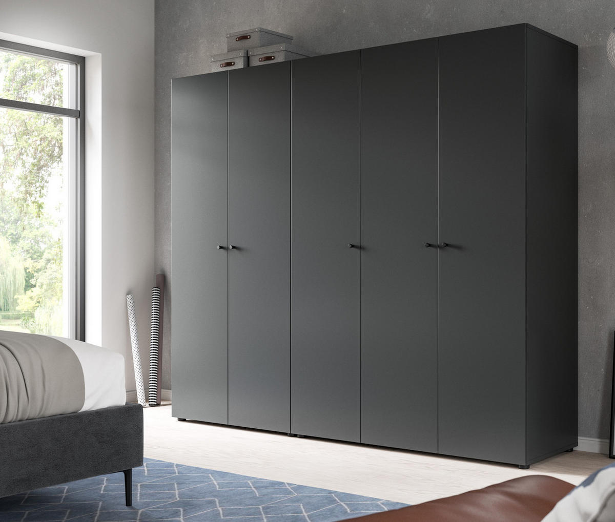 KLEIDERSCHRANK grau 5-türig 200 cm, Drehtürenschrank mit Kleiderstangen - Schwarz/Grau, Holzwerkstoff/Kunststoff (200/176/51cm) - Inn.Furn
