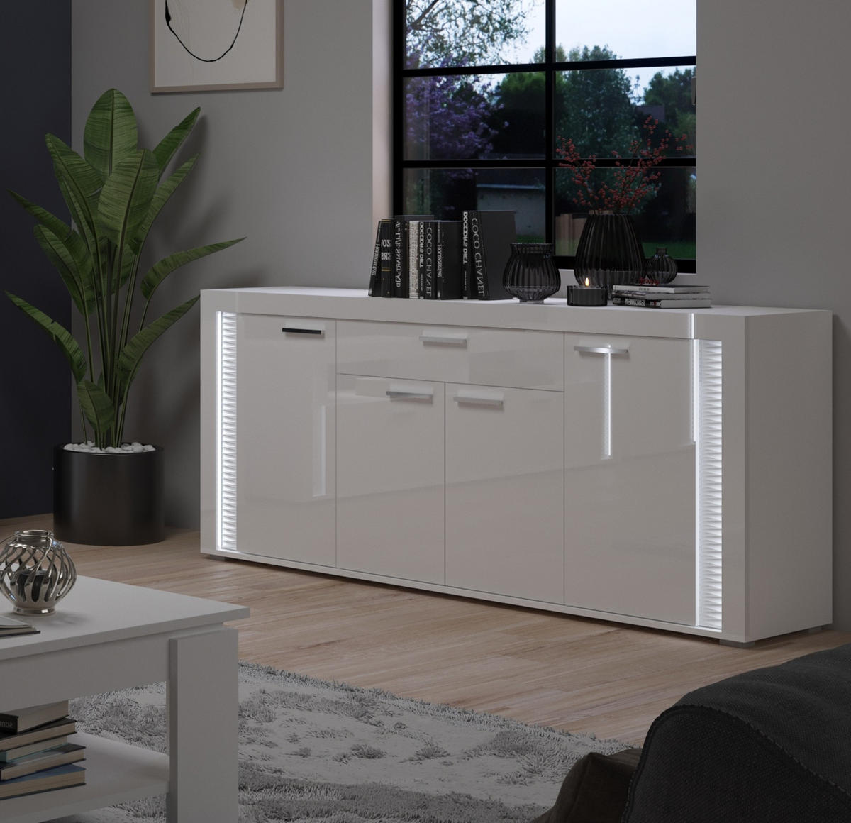 SIDEBOARD weiß Hochglanz 180 cm, mit Soft-Close-Funktion, inkl. Beleuchtung - Weiß Hochglanz/Silberfarben, Holzwerkstoff/Kunststoff (182/84/42cm) - Inn.Furn