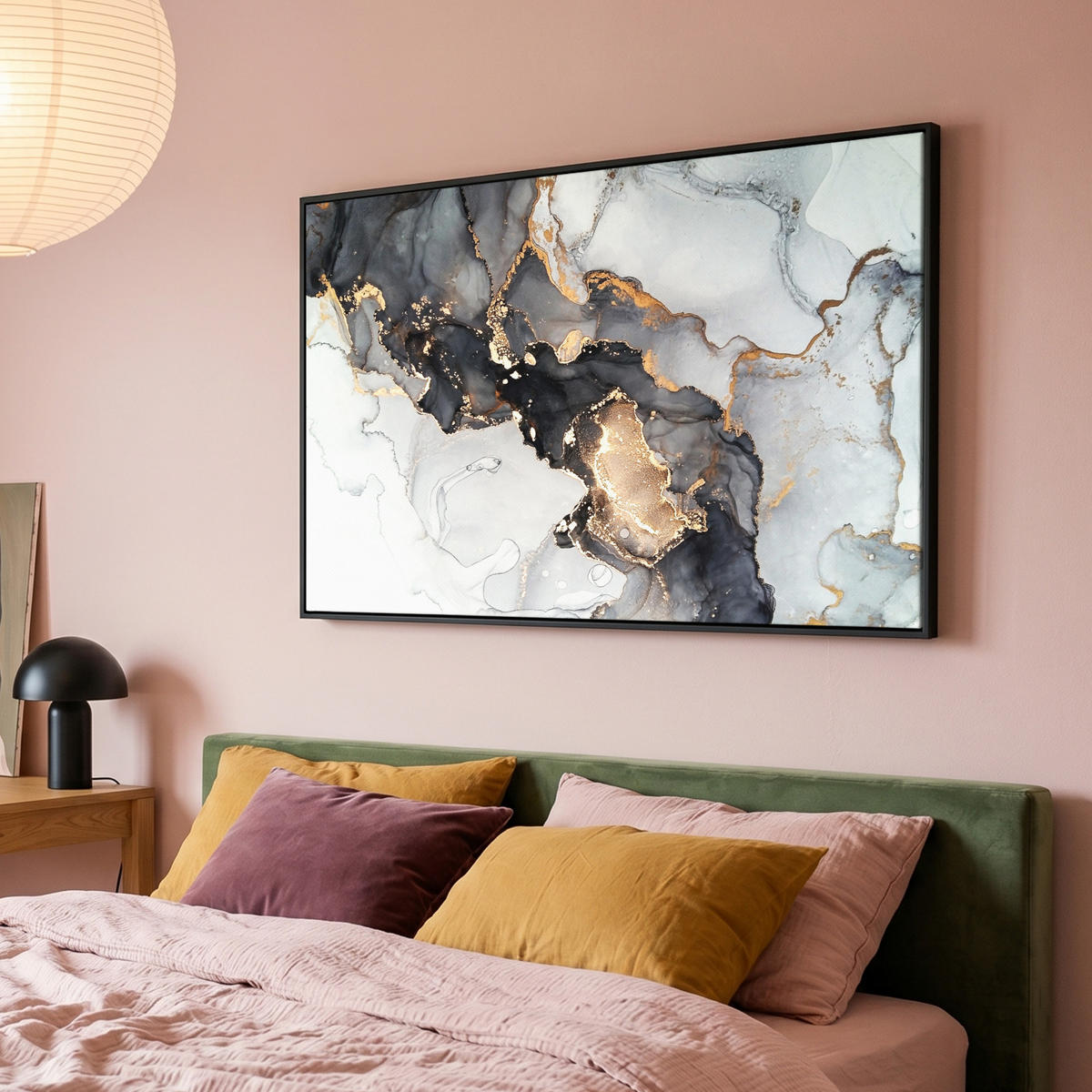 LEINWAND Bilder mit Rahmen - Marmor - Schwarz - Weiß - Gold - Luxus - Abstrakt - 120x80 - Goldfarben, Textil (120/80cm) - MuchoWow