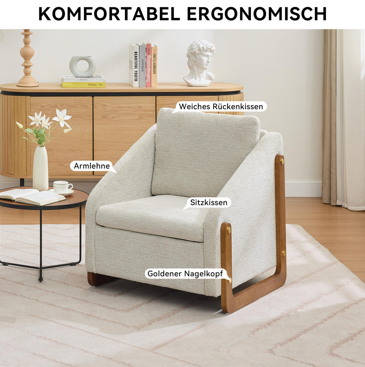 SESSEL 73,5/73,5/73,5 cm aus Chenille in Beige mit Holzarmlehnen - Beige, Textil (73.5/73.5/73.5cm) - BEAOK