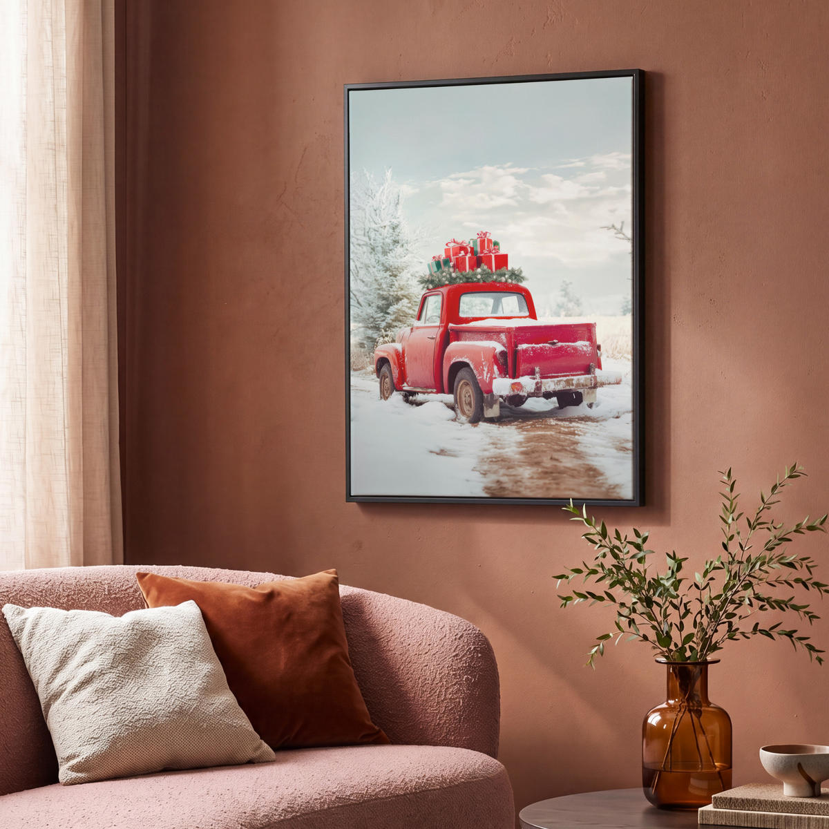 LEINWAND Bilder mit Rahmen - Auto - Rot - Geschenke - Winter - Schnee - Weihnachten - 70x100 - Rot, Textil (70/100cm) - MuchoWow