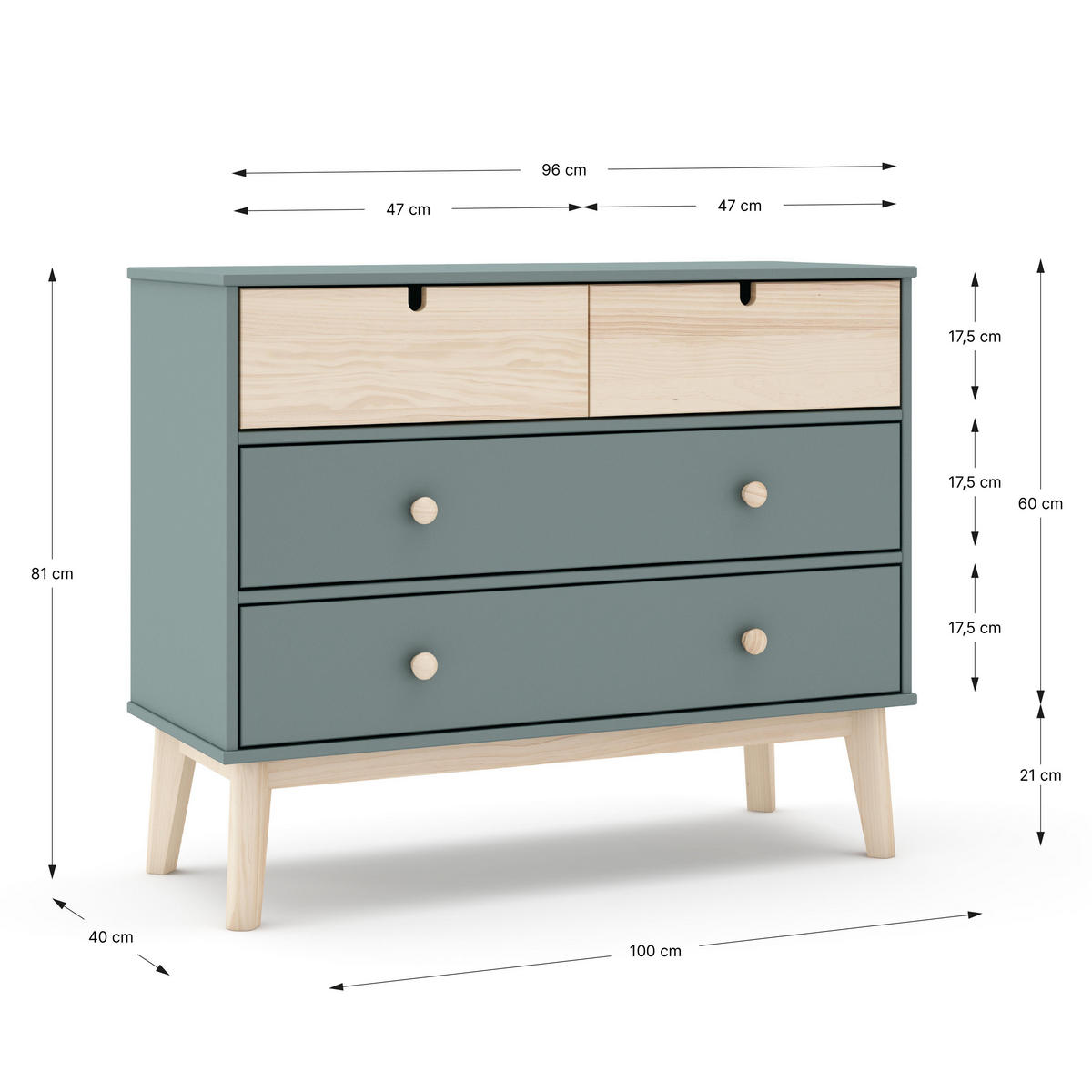 KOMMODE mit 2 kleinen Schubladen und 2 großen Schubladen, L100 cm 40/100/81 cm - Grün, Holz (40/81/100cm) - Calicosy