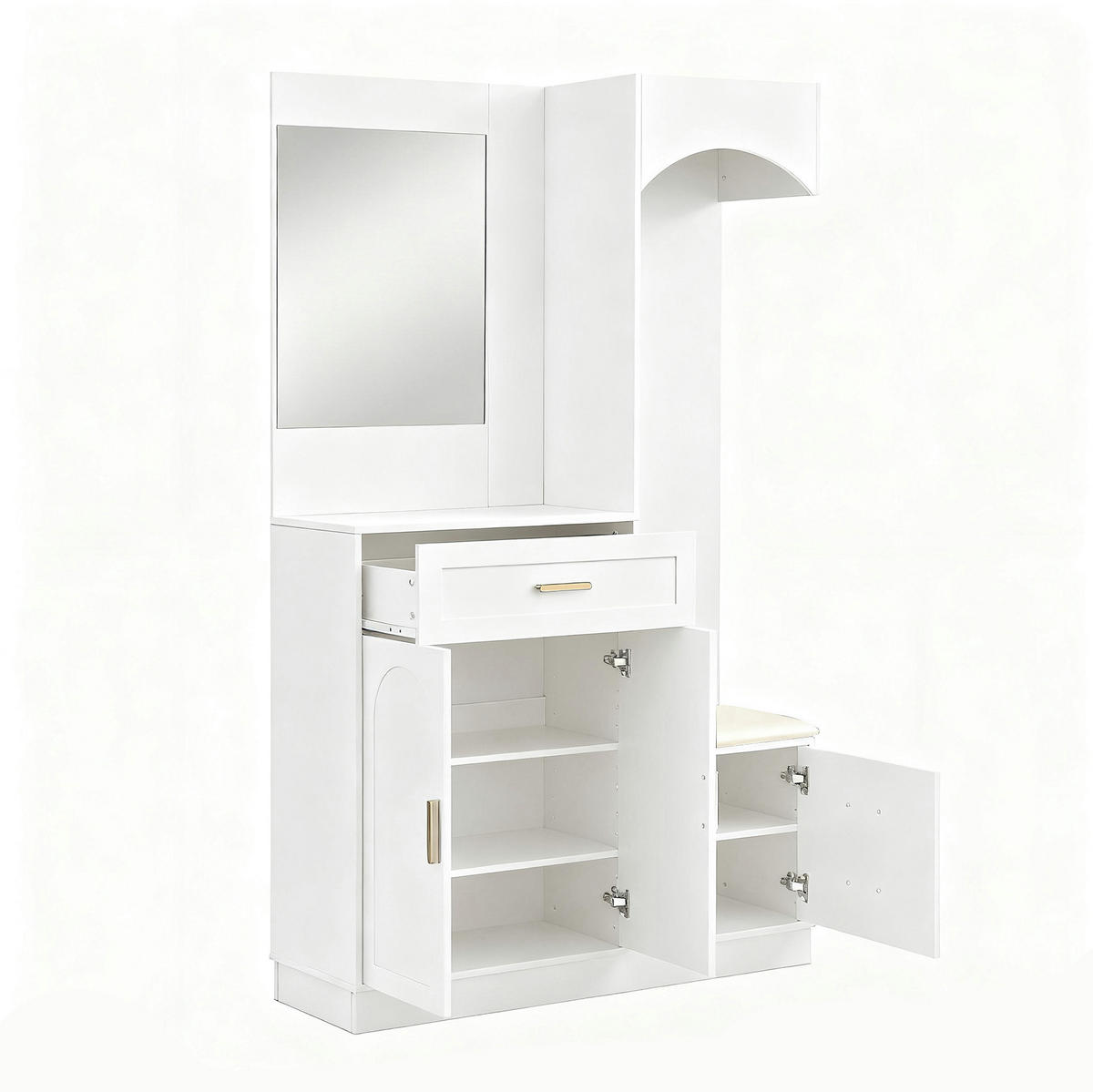 GARDEROBENSCHRANK 110/33/185,5 cm mit Spiegel, Schuhbank und verstellbaren Einlegeböden aus MDF, Weiß - Weiß, Holzwerkstoff (110/185.5/33cm) - Redom