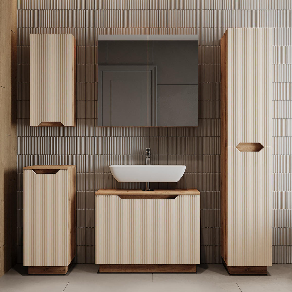 BADMÖBEL-SET Lotta Eiche/Kaschmir gestreift 3 Teile - Kaschmir/Eichefarben, Holzwerkstoff (79.6/62.1/32cm) - Vicco