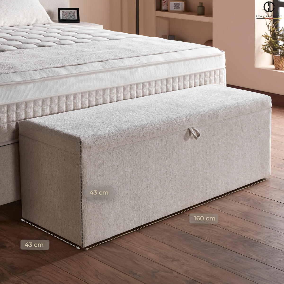 BETTBANK LUXOR 160/43/43 cm, Ivory, Aufklappbar, mit Stauraum - Creme/Schwarz, Holz/Kunststoff (160/43/43cm) - Consilio Concept