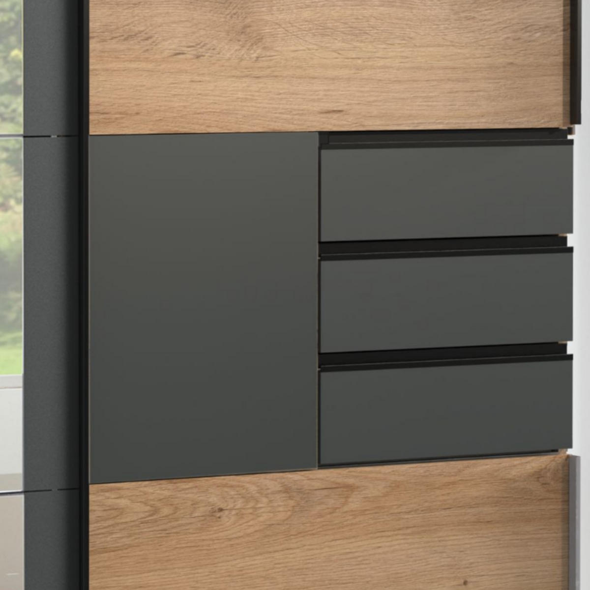 SCHWEBETÜRENSCHRANK 3-türig mit Spiegel, Schubladen, Vollausstattung in Eichendekor mit Absetzungen in Grafit, B270/H208/64 cm / 22503 - Eichefarben/Schwarz, Holzwerkstoff/Metall (270/208/64cm) - luma-home