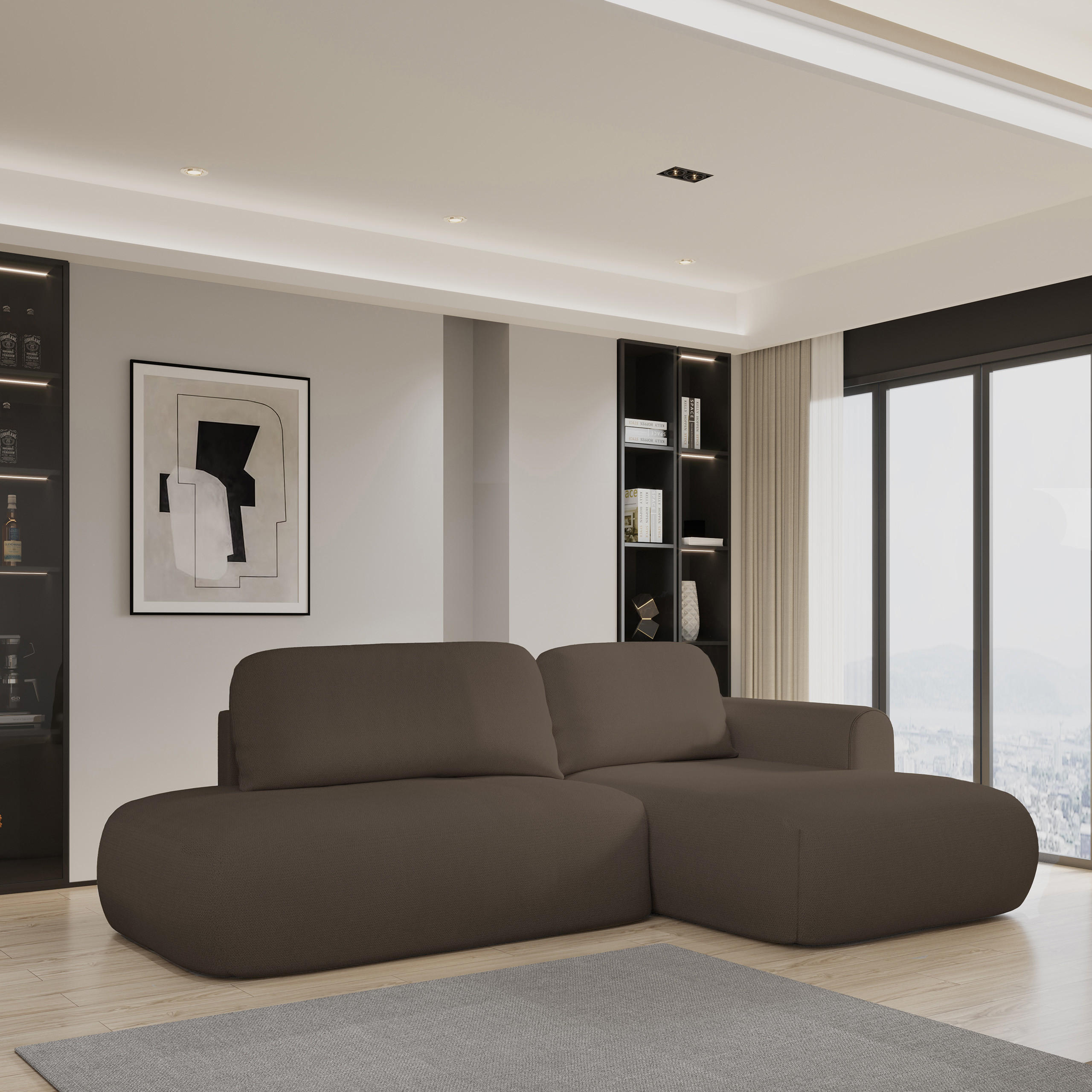 ECKSOFA NUVIRA R-S Braun Geflochtener Stoff mit Schlaffunktion - Braun, Holz (274/165cm) - MASSENO