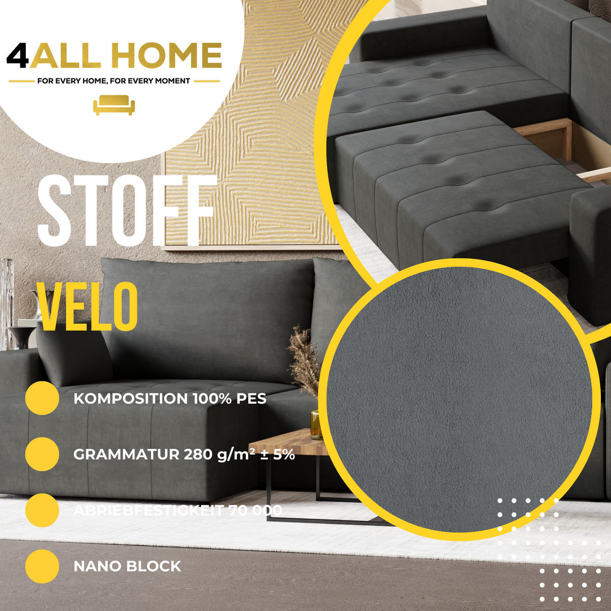 ECKSOFA Tico mit Bettkasten und Schlaffunktion, L-Form/XL-Form, Velourstoff, Universal - Graphitfarben, Holzwerkstoff (276/145cm) - 4ALL HOME