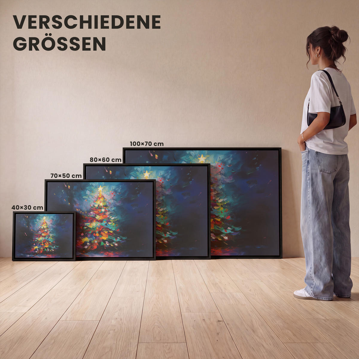LEINWAND Bilder mit Rahmen - Weihnachtsbaum - Weihnachten - Abstrakt - Farbenfroh - 100x70 - Multicolor, Textil (100/70cm) - MuchoWow