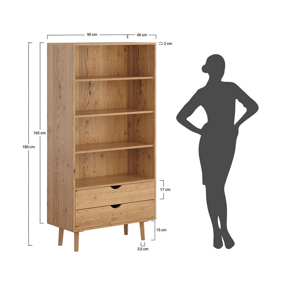 BÜCHERREGAL Simona Eiche Natur 90 / 40 / 180cm - Eichefarben, Holz (90/180/40cm) - Feldmann-Wohnen
