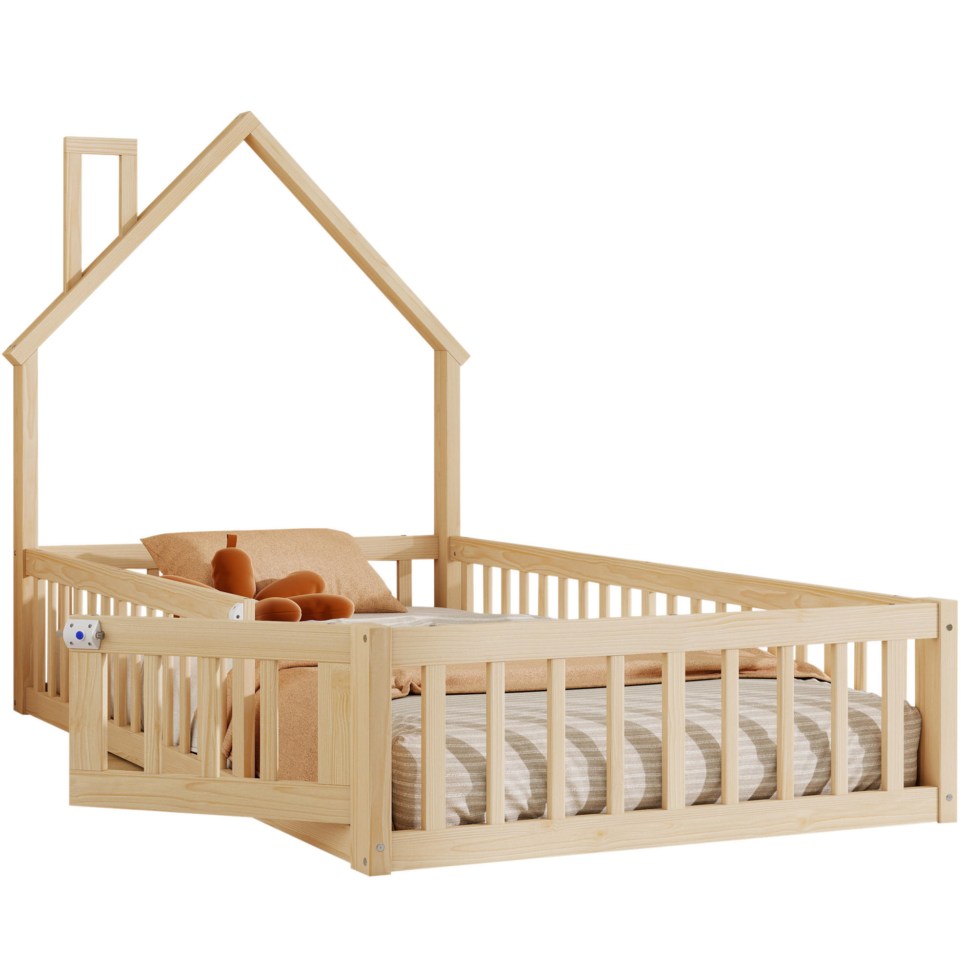OKWISH DĚTSKÁ postel 90/200 cm přírodní z borovice s bezpečnostním zábradlím a komínovým designem