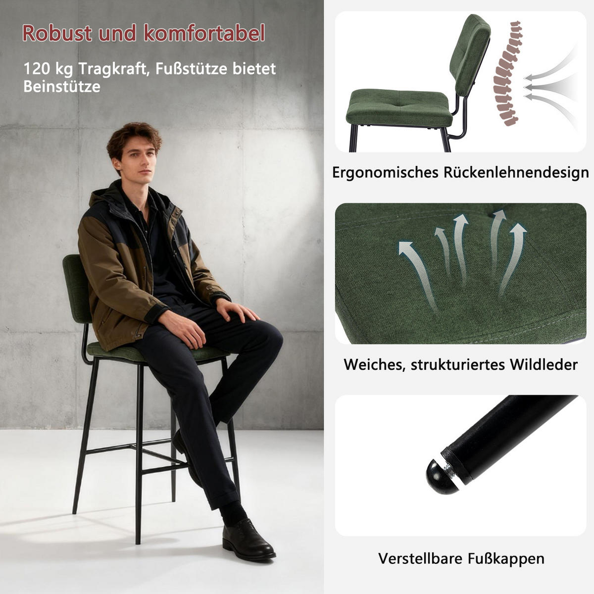 BARHOCKER 4er Set, Samt Dunkelgrün, Metallbeine Schwarz - Grün, Metall (46/102/52cm) - Meubles Cosy