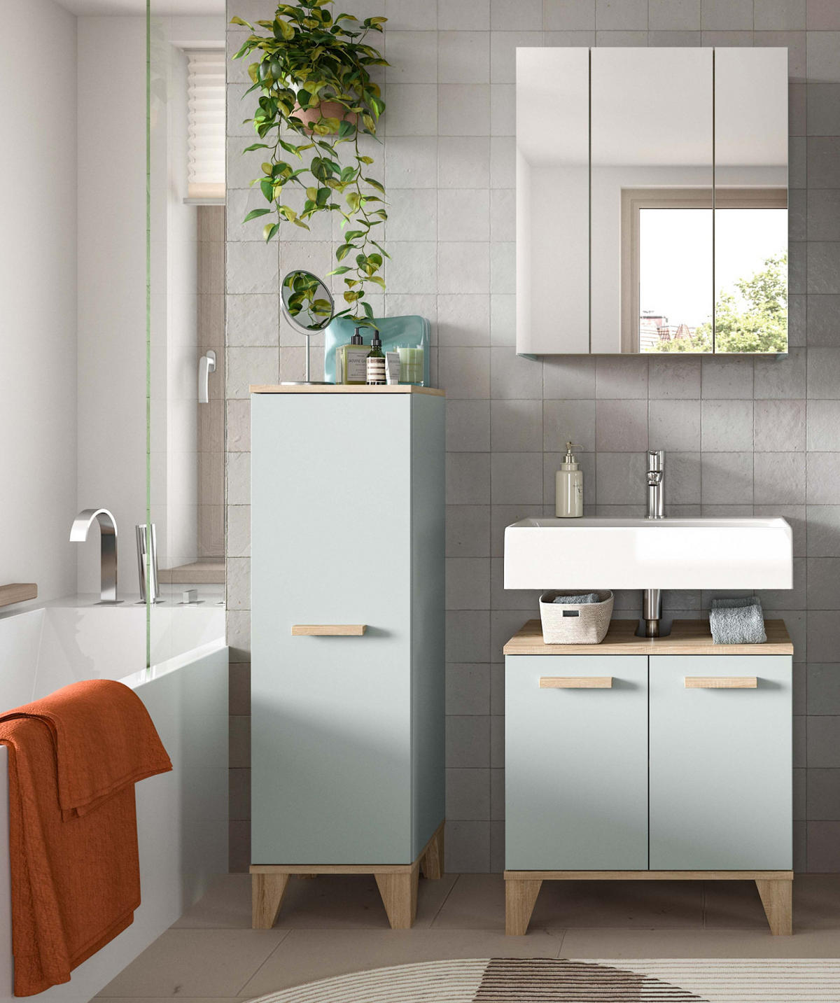 SPIEGELSCHRANK grün, Badschrank skandinavisch 3-türig 60 x 68 cm - Eichefarben/Grün, Glas/Holzwerkstoff (60/68/19cm) - Inn.Furn