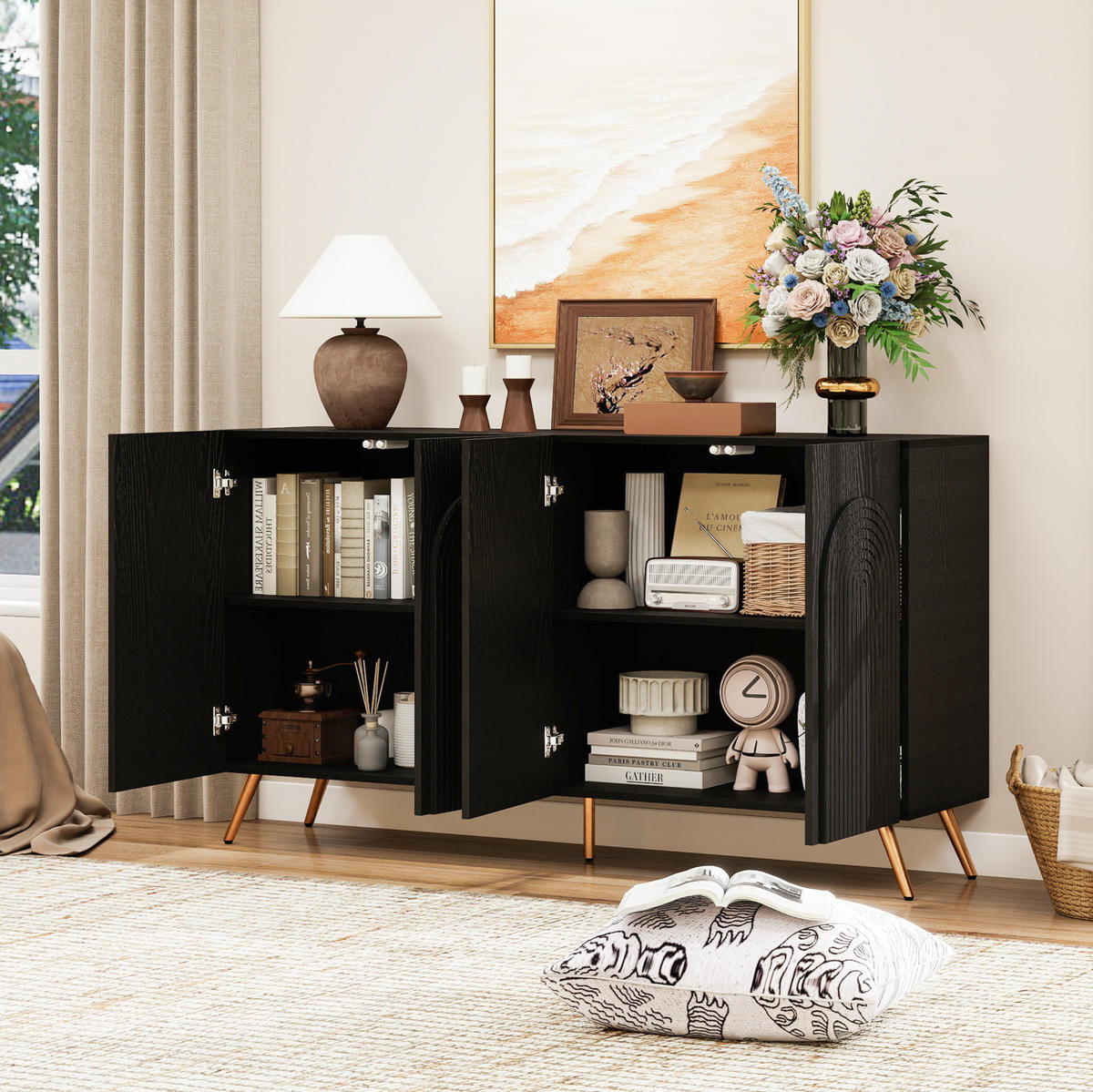 KOMODA crna od iverice s 3D letvicama valovitih vrata i podesivim policama - crna, drvni materijal (150/83/38cm) - OKWISH