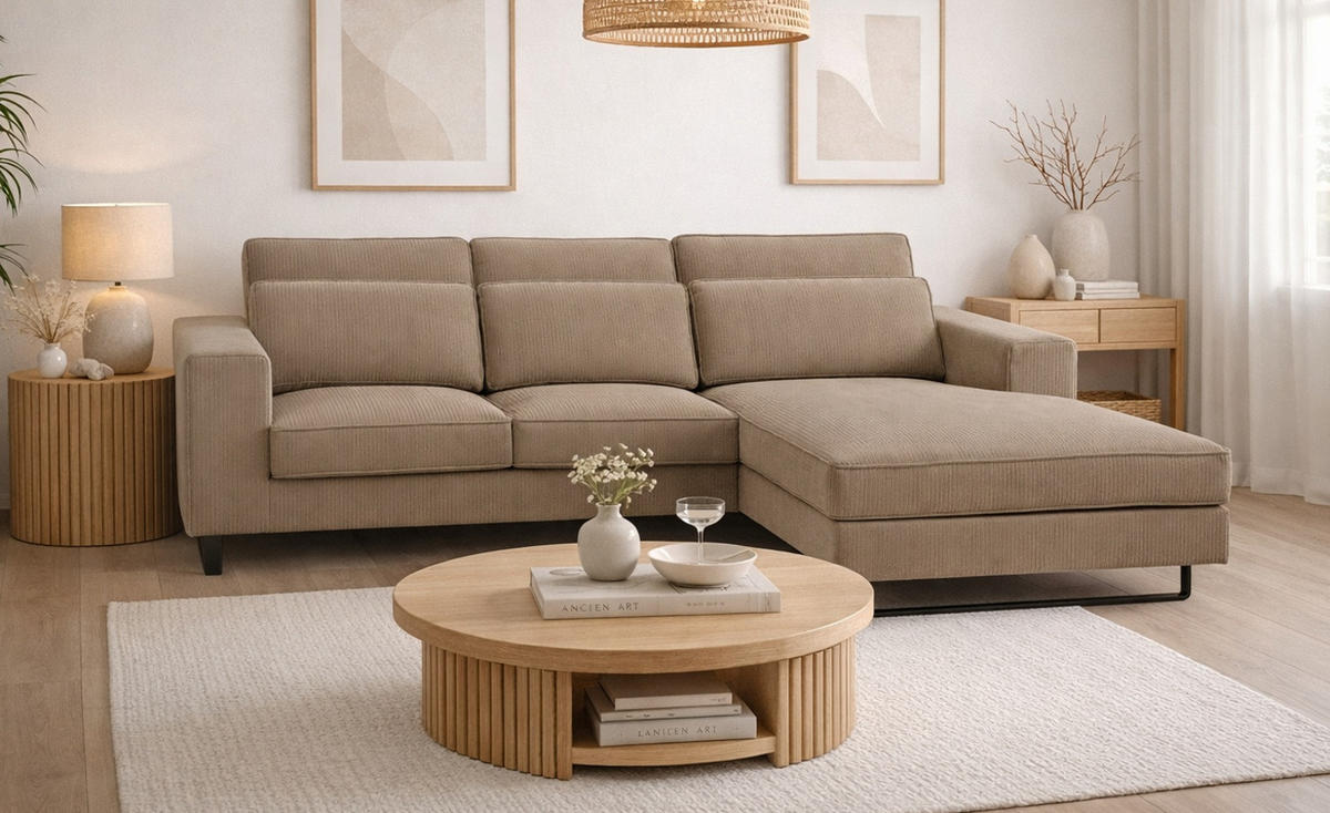 SOFA braun Cord 276 cm, Ecksofa 4-Sitzer, L-Sofa Ottomane rechts - Schwarz/Braun, Holz/Textil (276/183cm) - Inn.Furn