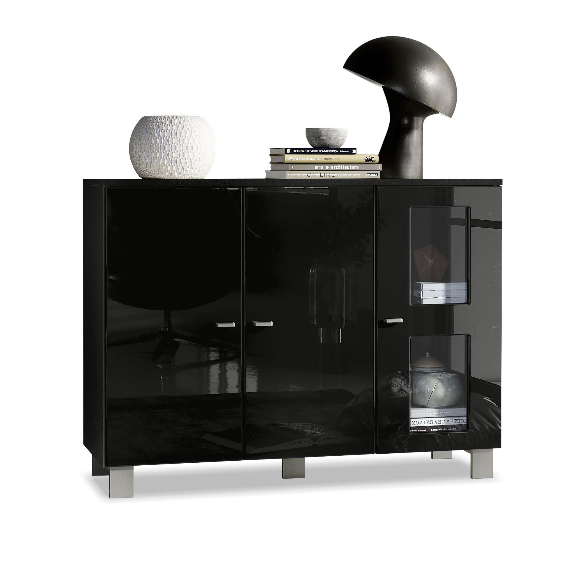 SIDEBOARD Denjo Tür in Schwarz Hochglanz - Schwarz Hochglanz, Holzwerkstoff (107/81/35cm) - Vladon