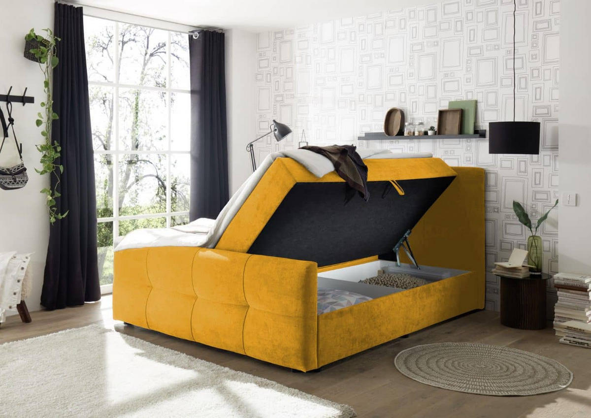 BOXBETT mit 9‑Zonen-Tonnentaschenfederkern-Matratze, HR-30-Topper, Bettkasten - Gelb/Schwarz, Holz/Kunststoff (160/200cm) - ed exciting design