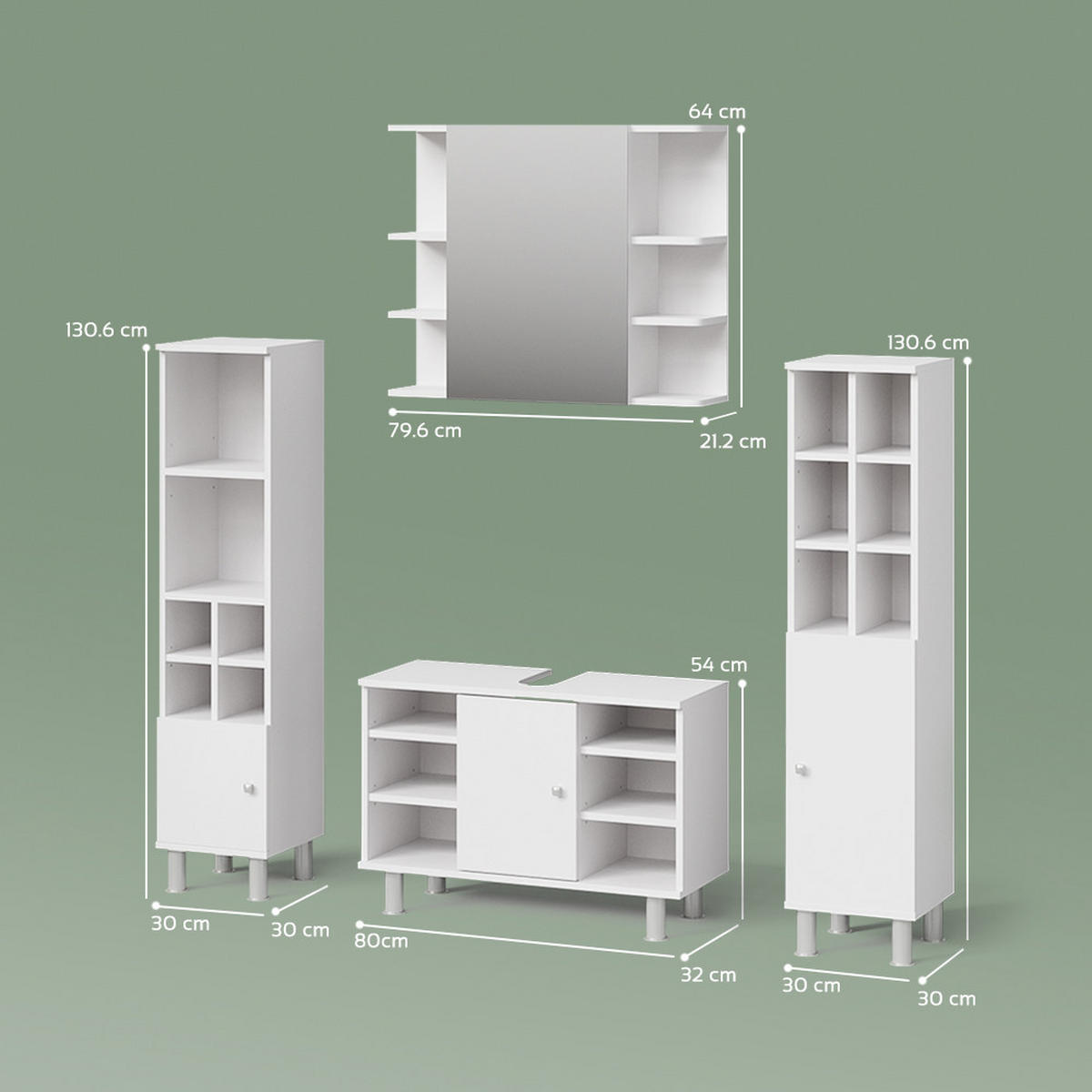BADMÖBEL-SET Fucino Weiß 4 Teile, mit Midischränke - Weiß, Holzwerkstoff (80/130/32cm) - Livinity®