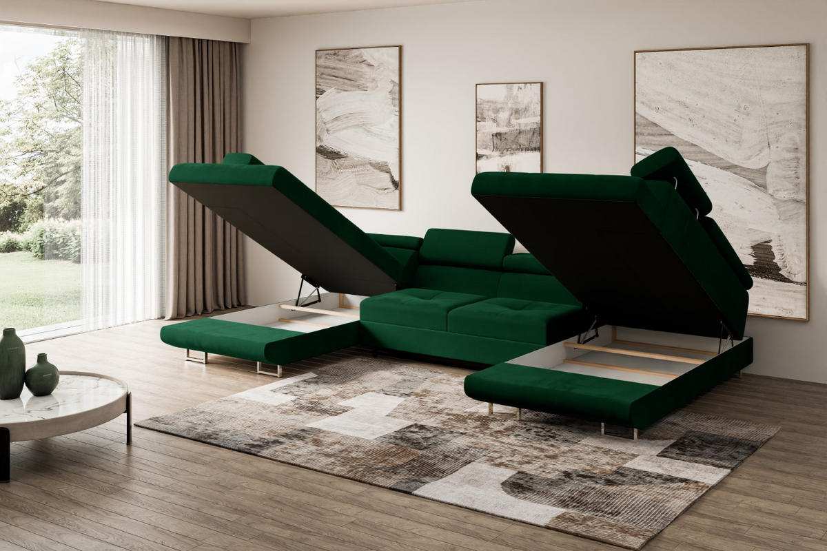 WOHNLANDSCHAFT mit Schlaffunktion und Bettkasten GUSA-U 342x202x107 cm Grün Velours - Silberfarben/Grün, Holzwerkstoff/Textil (342/107/202cm) - ALTDECOR