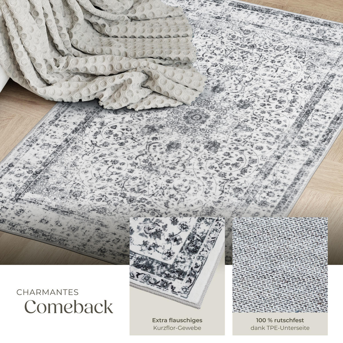 TEPPICH Vintage Design Aliya,rutschfeste Unterseite,grau - Grau, Kunststoff (60/110cm) - tectake