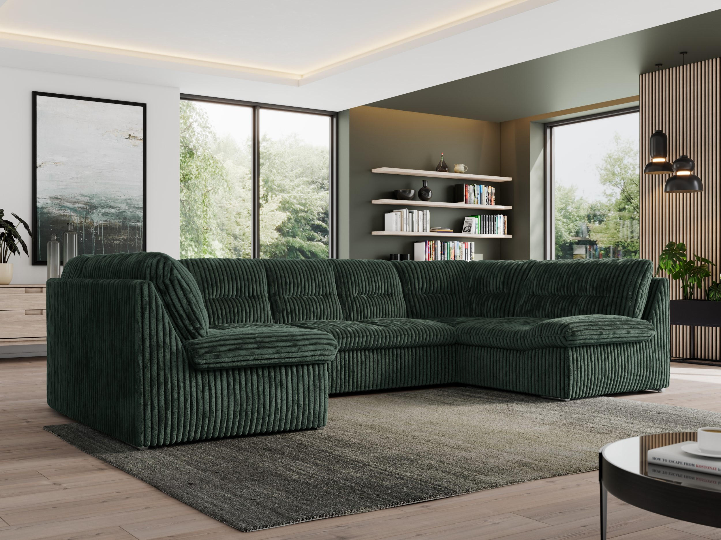 WOHNLANDSCHAFT MORBIDO U Grün Cord - Silberfarben/Grün, Textil/Metall (340/93/206cm) - MKS