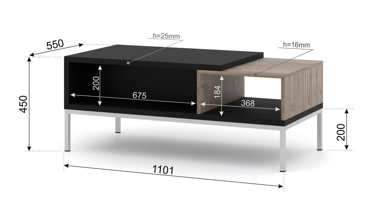 COUCHTISCH Flagstaff Eiche, Schwarz 110/45/55 - Schwarz, Holzwerkstoff (55/110/45cm) - RAUMHIRSCH FURNITURE