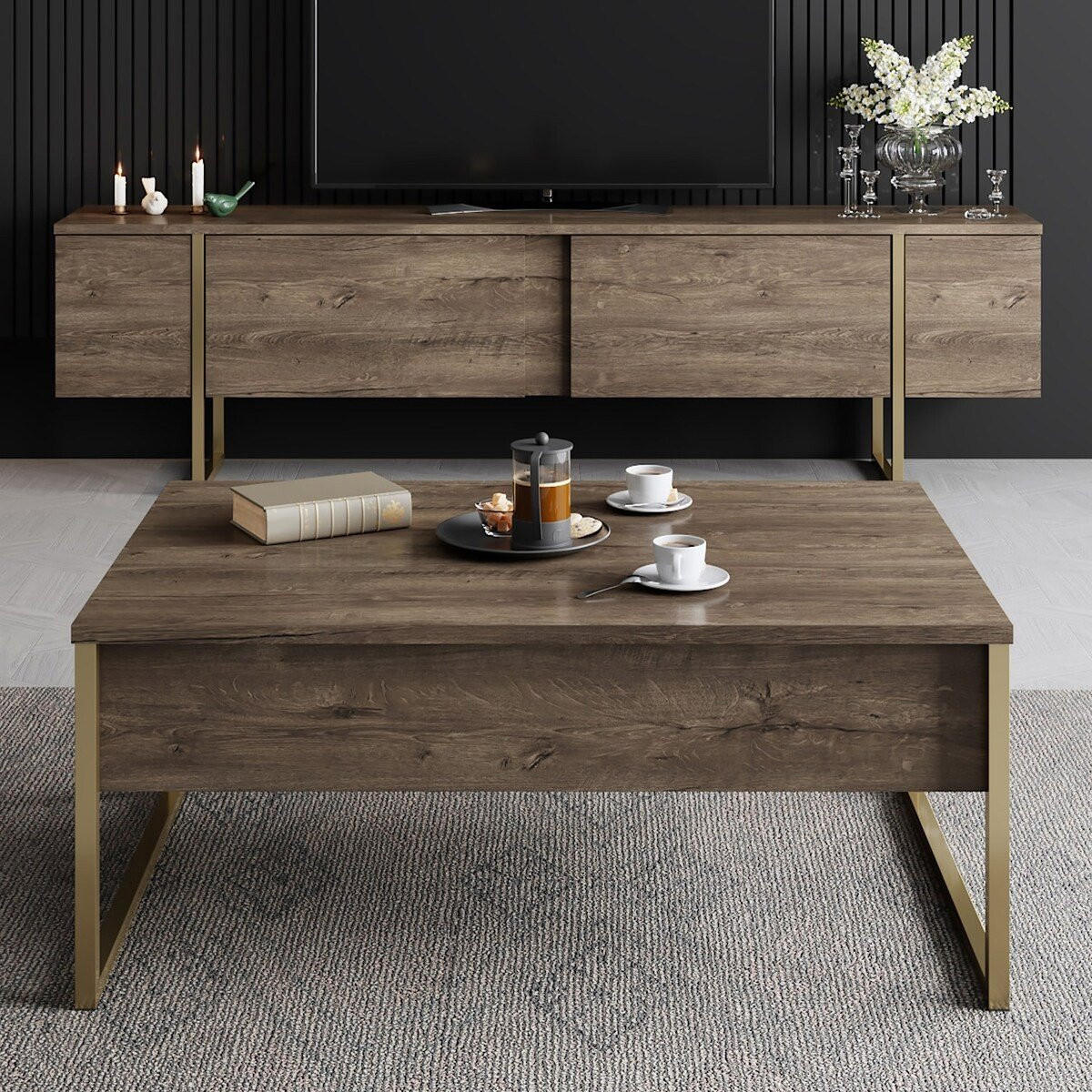 LUXUSNÍ TV stolek se 2 výklopnými dvířky, šířka 180 cm - hnědá, kompozitní dřevo (180/50/30cm) - Calicosy
