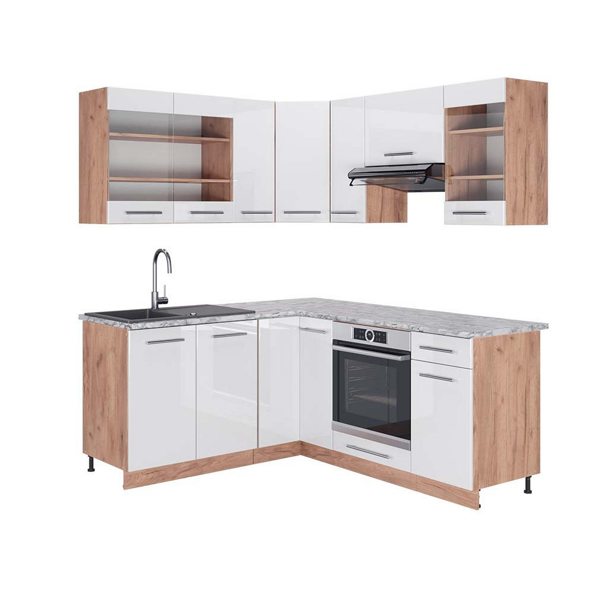 ECKKÜCHE Fame-Line Weiß Hochglanz/Goldkraft Eiche 160 x 190 cm AP Marmor - Weiß Hochglanz/Eiche Wotan, Holzwerkstoff (190/81.6/60cm) - Vicco
