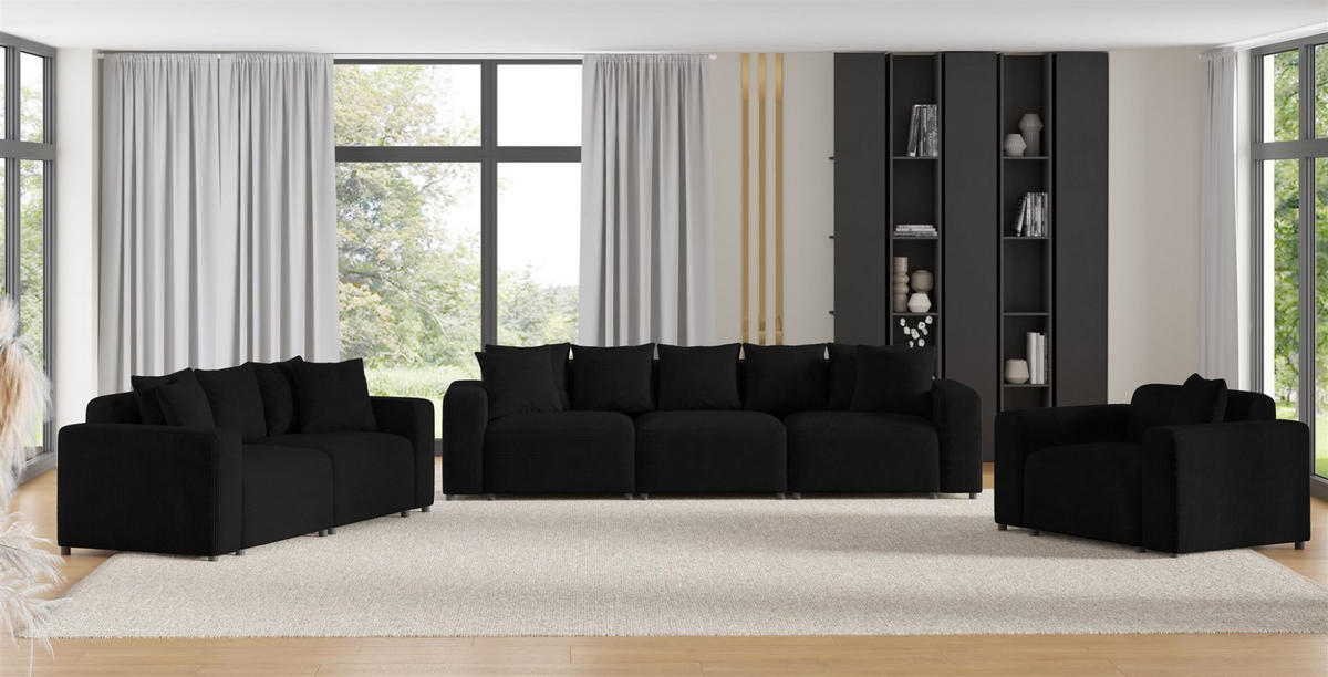 SOFASET Megan 3-2-1 In Poso - Schwarz, Holzwerkstoff/Textil (327/75/98cm) - Fun Möbel