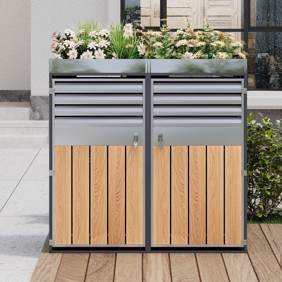 MÜLLTONNENBOX aus Stahl in Grau Holzoptik mit Pflanzfläche & abschließbar - Grau, Metall (132/124.5/80cm) - Modfu