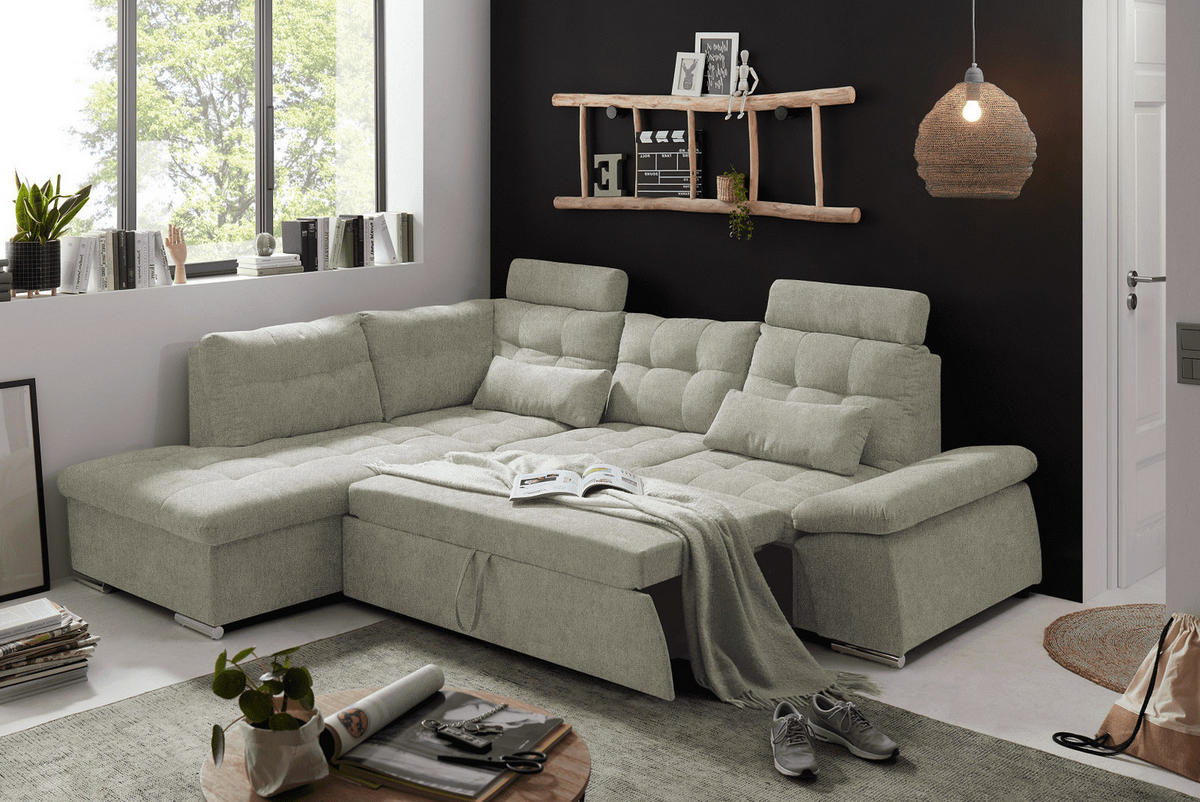 ECKSOFA mit Schlaffunktion, verstellbare Armlehne und Kopfstützen - Chromfarben/Beige, Textil (260/219cm) - ed exciting design