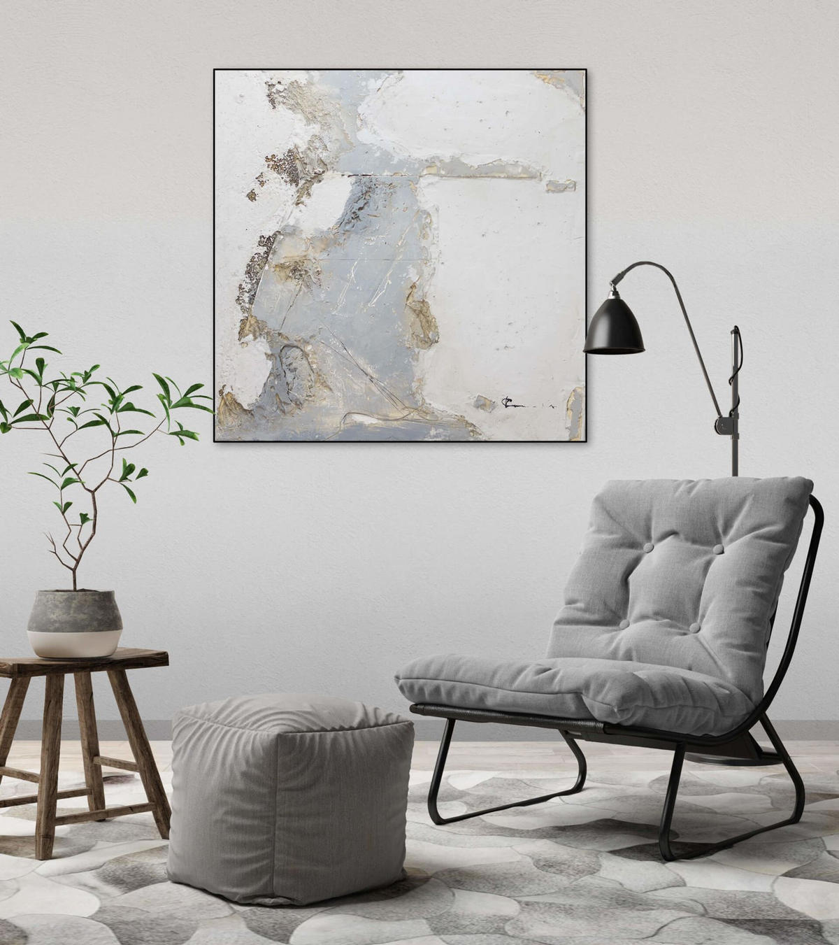 RUČNE MAĽOVANÝ AKRYLOVÝ OBRAZ 80/80 cm, sivý, abstraktný geometrický motív - sivá, drevo/textil (80/80cm) - KUNSTLOFT