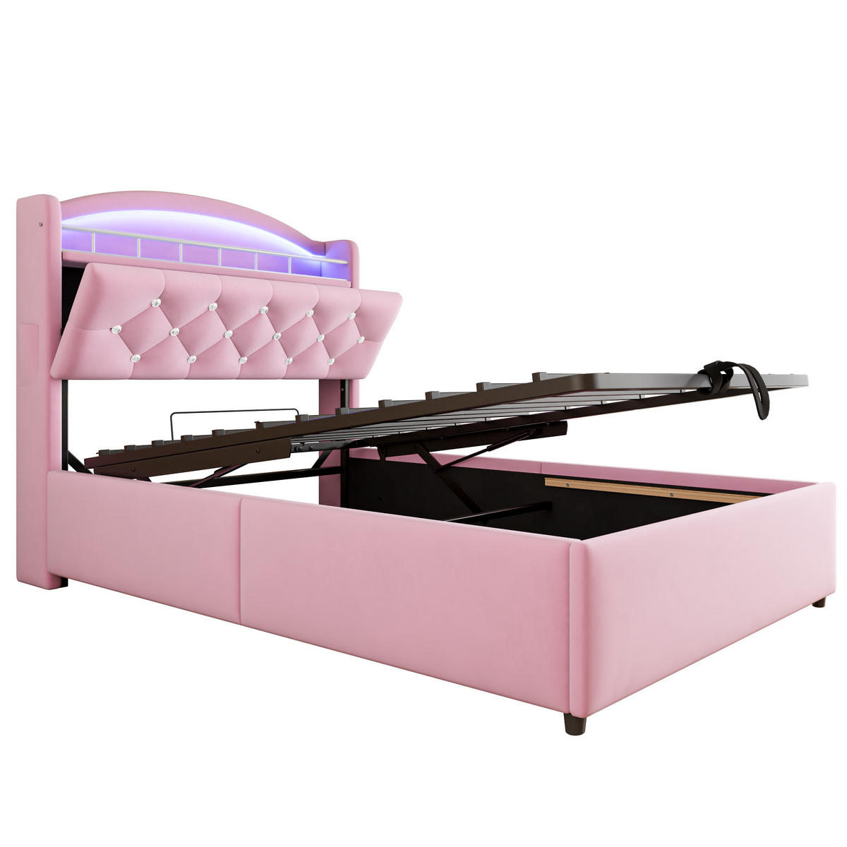 POLSTERBETT 90/200 cm rosa mit Stauraum und LED-Beleuchtung - Pink, Textil (90/200cm) - OKWISH