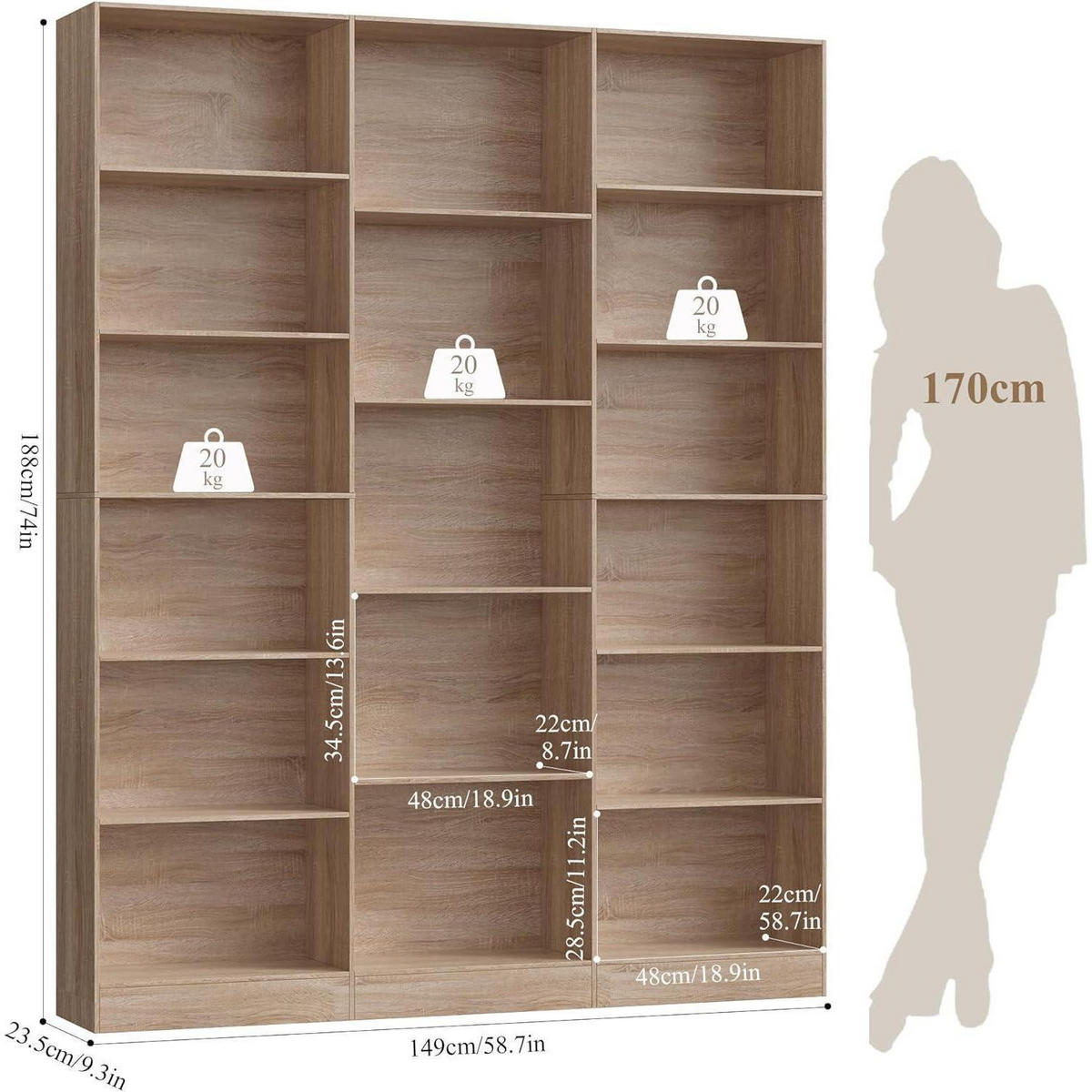BÜCHERREGAL 188 cm Eiche - Braun, Holzwerkstoff (149/188/23.5cm)
