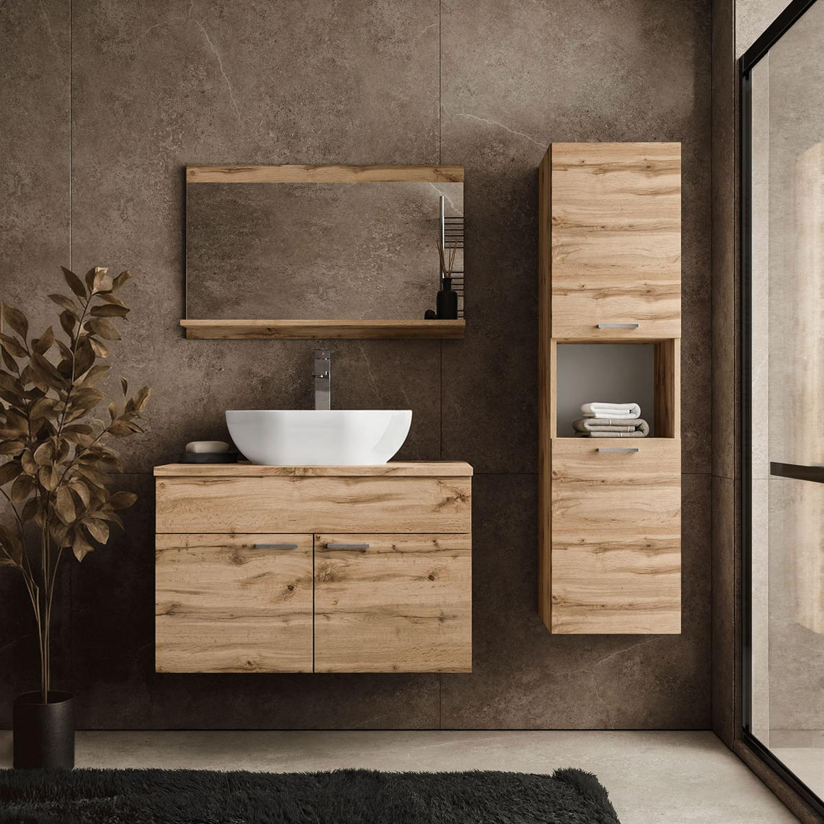 BADMÖBEL-SET LUMIRE LOFT Wotan Eiche mit Spiegel - Braun, Holzwerkstoff (80/52/46cm) - Lookway