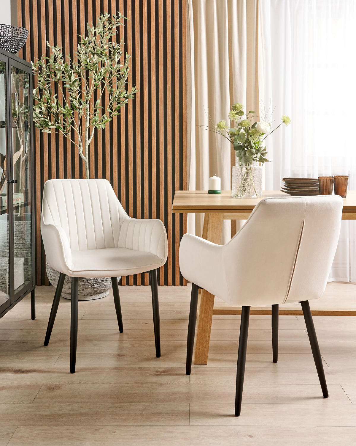 ESSZIMMERSTUHL 2er-Set Samtstoff cremeweiß Wellston - Schwarz/Weiß, Textil (60/84/61cm) - Beliani