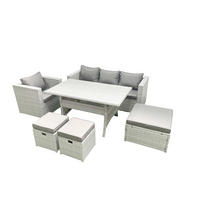 GARTENMÖBEL SET Polyrattan Hellgrau 7-Sitzer - Hellgrau/Grau, Glas/Kunststoff - Fimous
