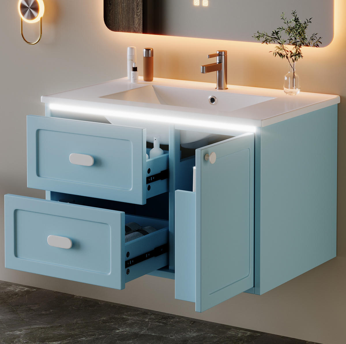 BADEZIMMERSCHRANK mit Waschbecken 76 x 46 x 51 cm Blau - Blau, Holzwerkstoff (46/51/76cm) - Beauniv
