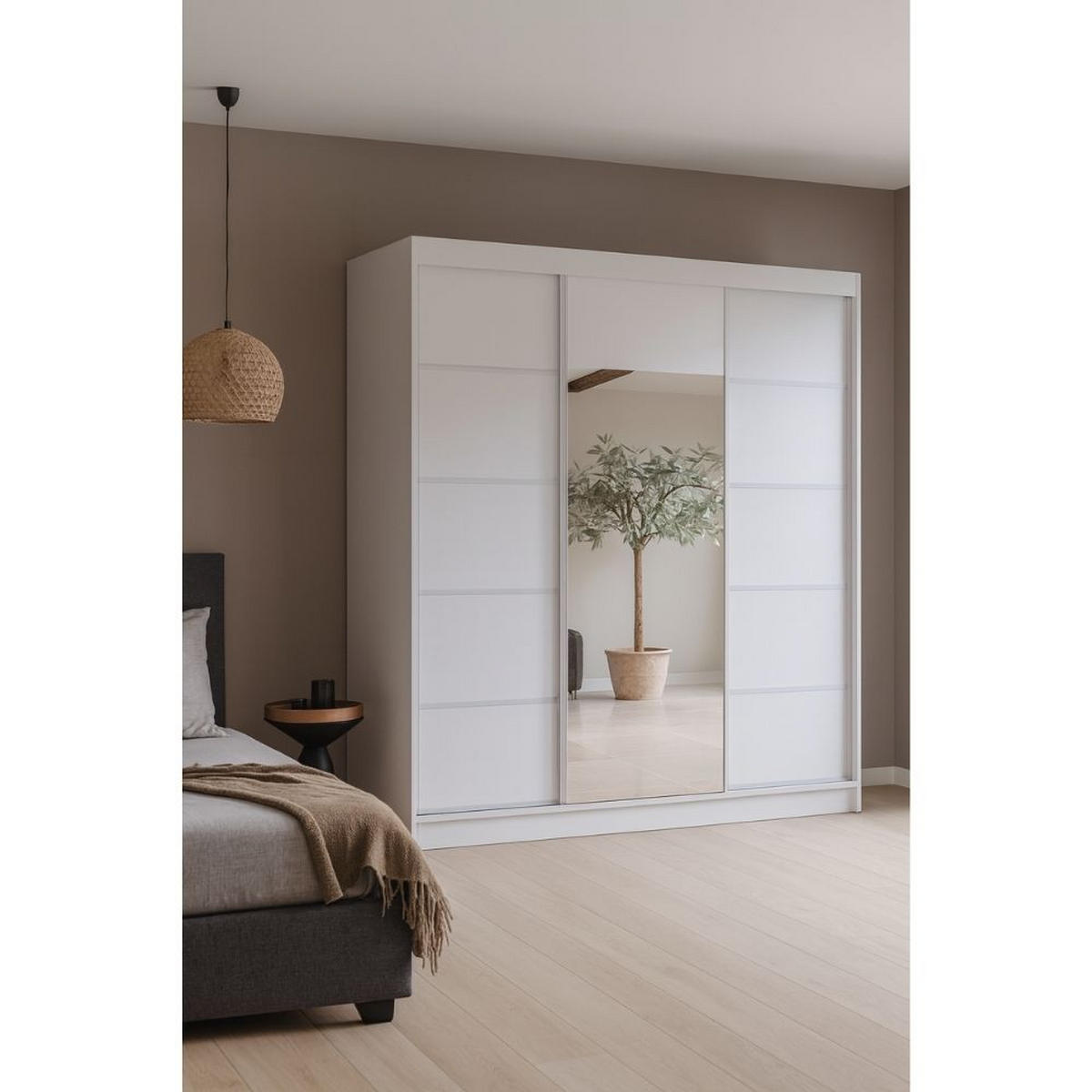 SCHWEBETÜRENSCHRANK Moni mit Spiegel und Zierleisten, 215x200x61cm, Weiß+Silber - Silberfarben/Weiß, Holzwerkstoff (200/215/61cm) - AN-Moebel 4u