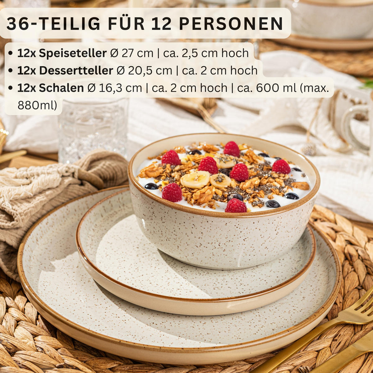 TAFELSERVICE RIO CREME - 36 teilig aus Steingut 12 Personen - Creme, Stein (50/30/80cm) - Sänger