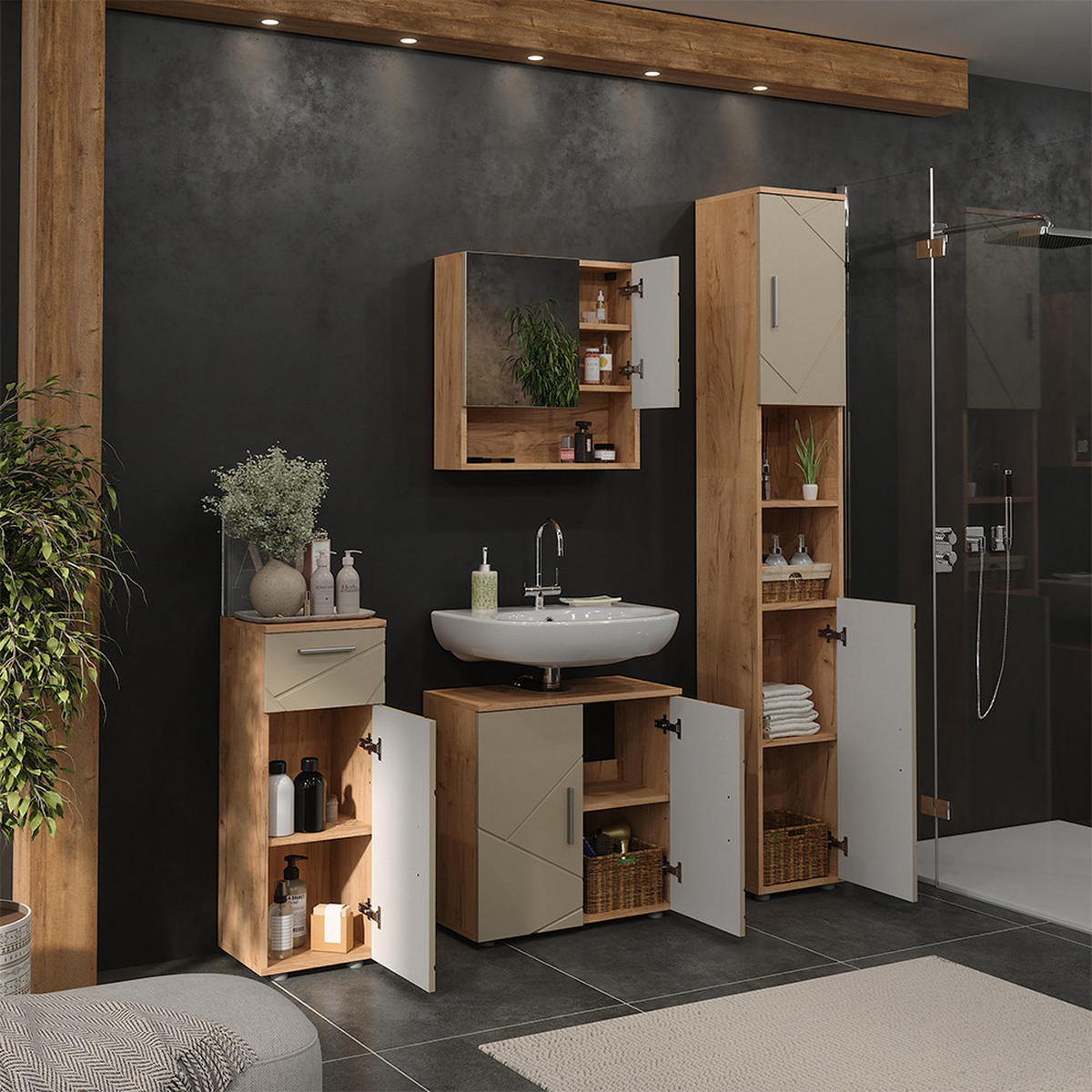 BADMÖBEL-SET Irma Beige 4 Teile - Honigeiche/Beige, Holzwerkstoff (60/59/30cm) - Vicco