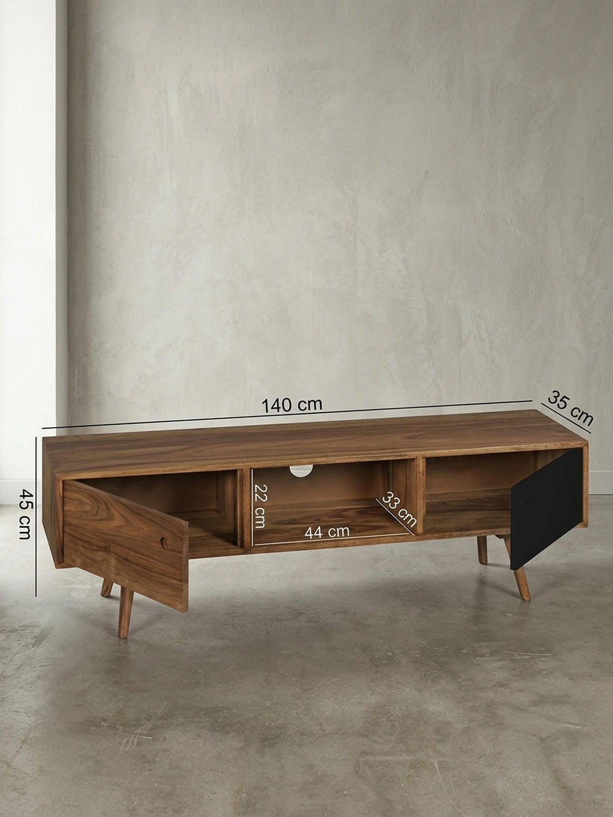 TV-LOWBOARD Massivholz, rustikaler Landhausstil, einzigartige Maserung, Schwarz 140x35x45 cm - Dunkelbraun/Schwarz, Holz (140/45/35cm) - KADIMA DESIGN